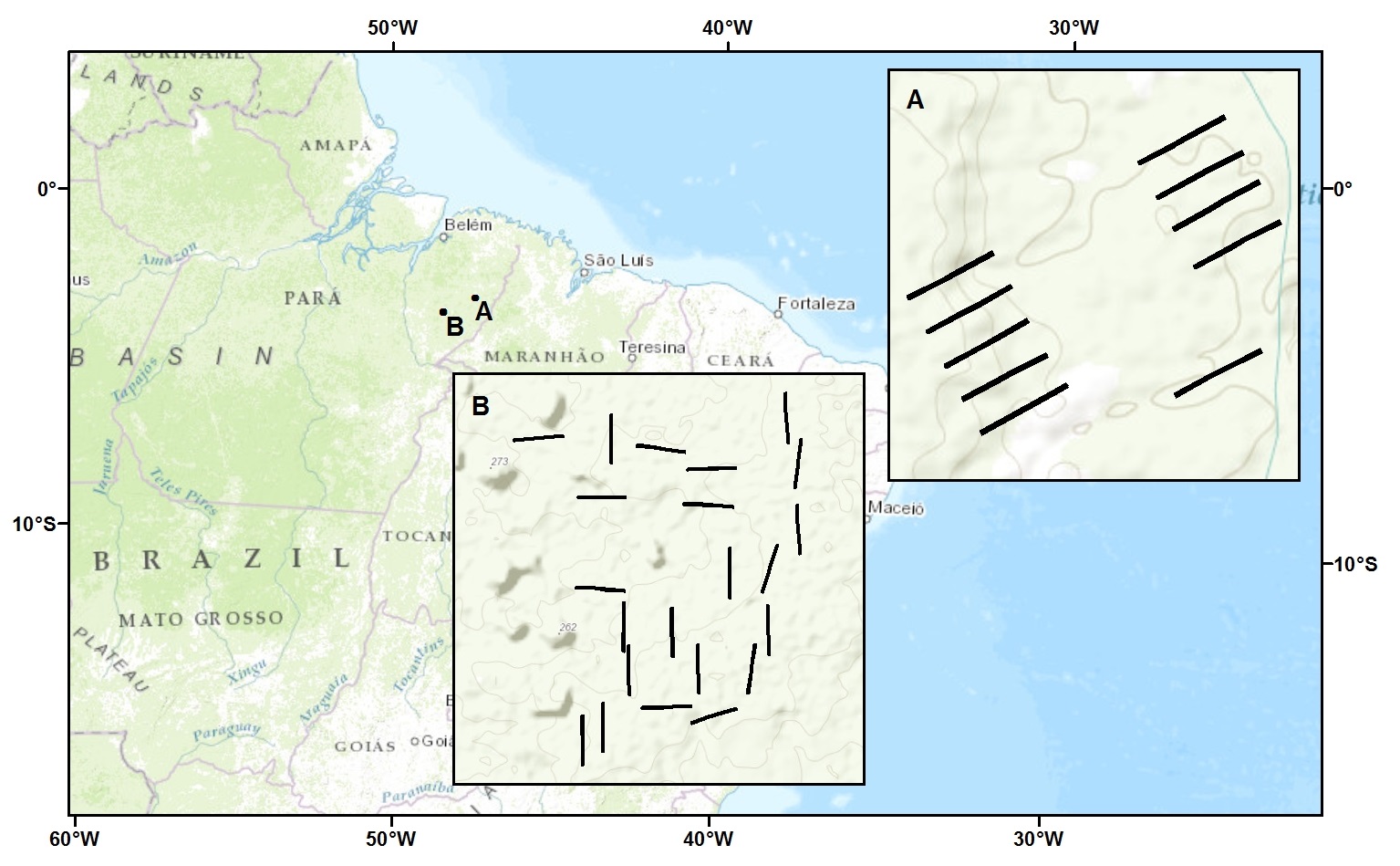 Forest inventory transect locations. Inset A is Fazenda Nova Neonita in Area PAR, and Inset B is Fazenda Cauaxi in Area CAU, in Paragominas, Para, Brazil.