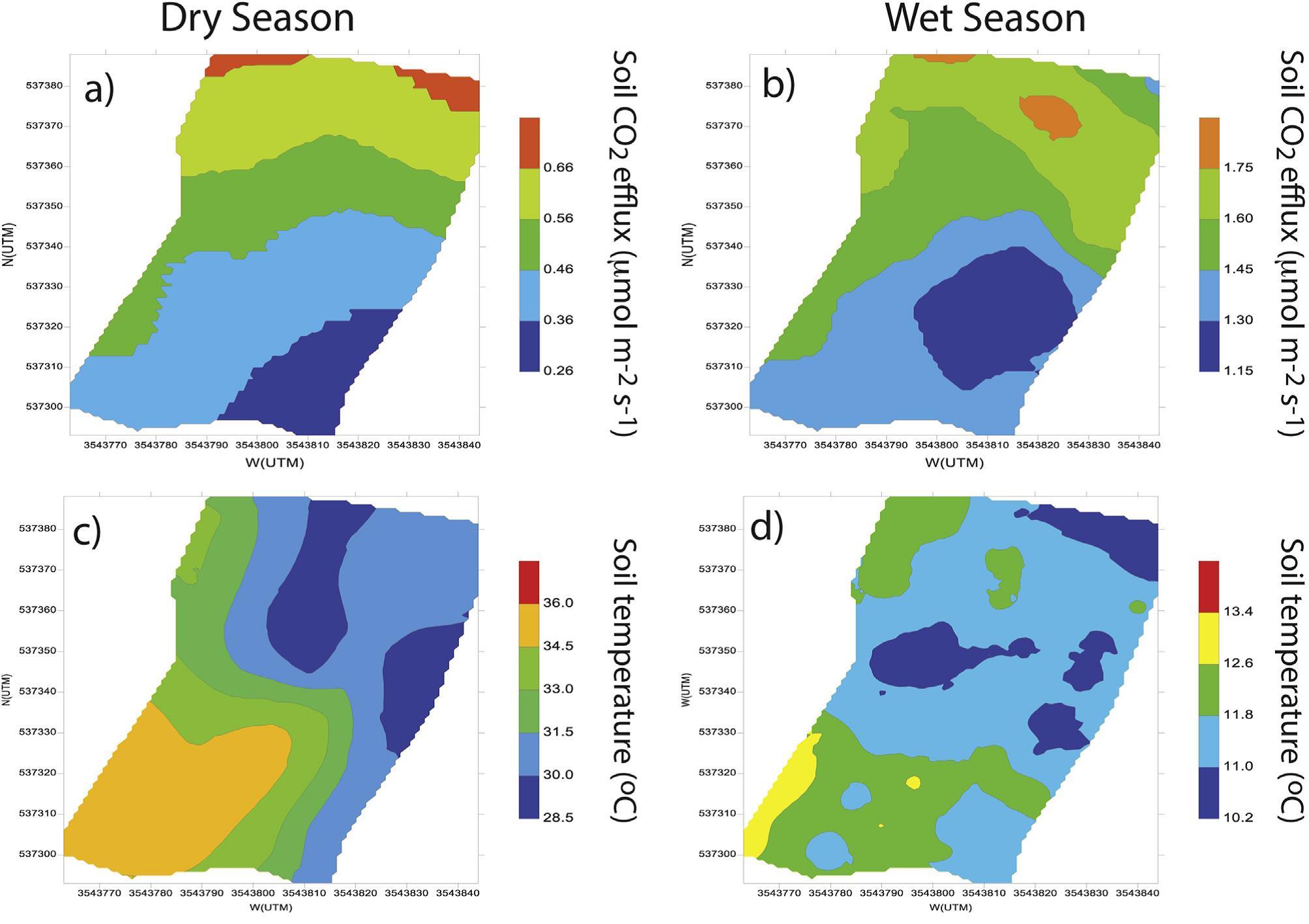 Spatial patterns of soil CO2 flux, soil temperature, soil water content, and leaf area index generated by ordinary kriging for the dry season (September) and the wet season (February).