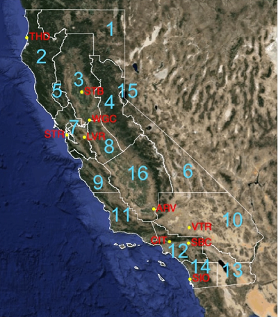 Study area in California showing the 16 air basin regions and 10 tower sites. Region 17 is the area outside of California.