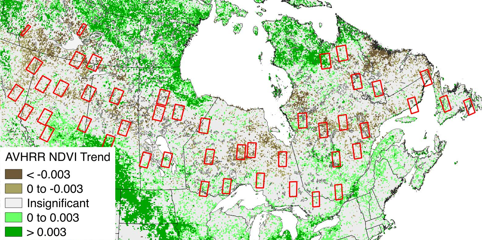 The Canadian boreal forest study area and the 46 sites used in the analysis mapped on top of AVHRR NDVI trends from Beck and Goetz (2011)