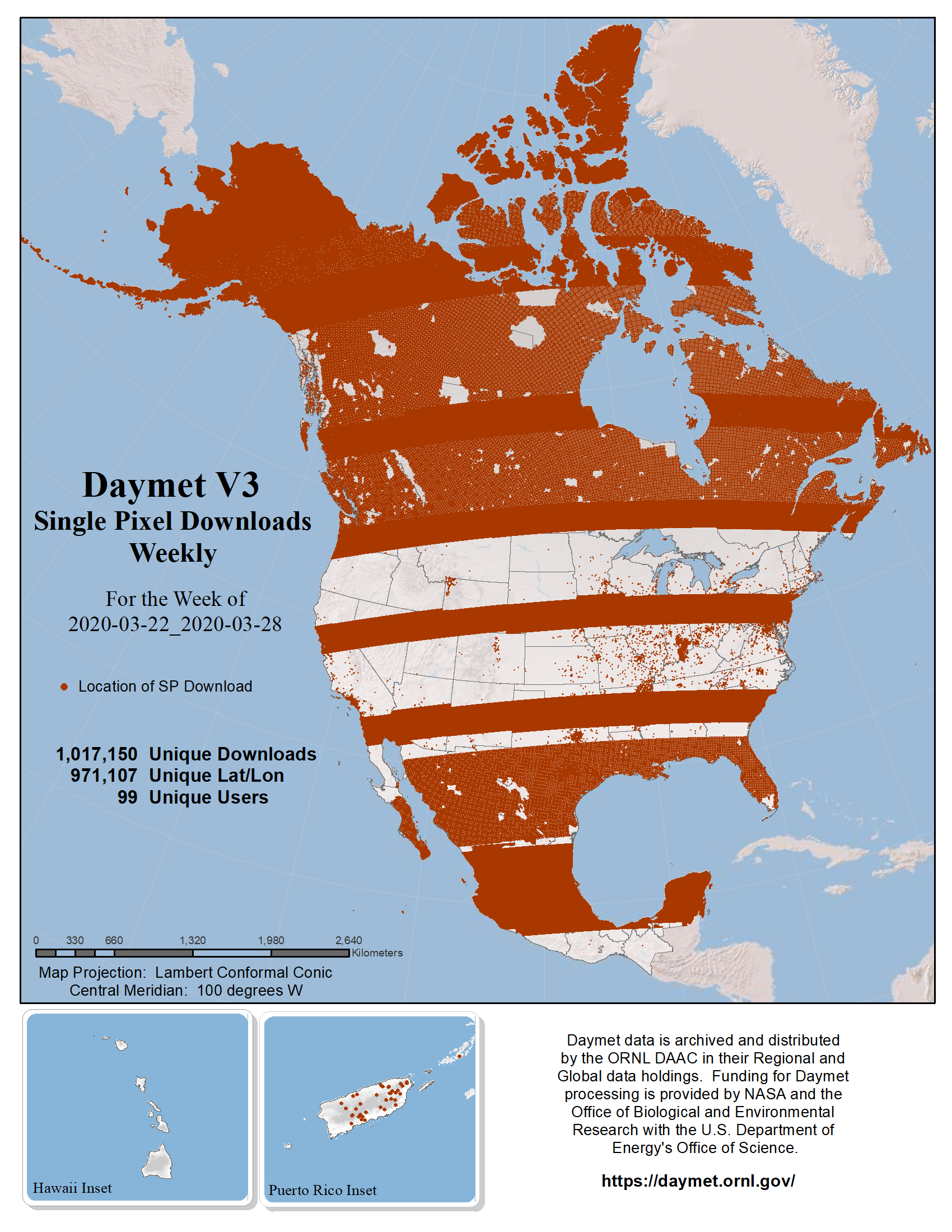 Map of Daymet Single Pixel Download Locations