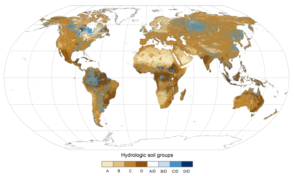 Global distribution of hydrologic soil groups at 250-m spatial resolution. 