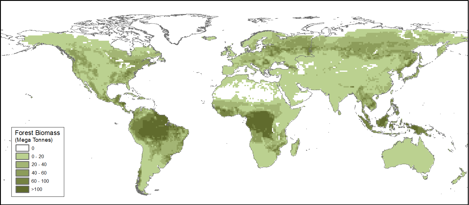 Global distribution of forest biomass in 1950 (Units:  mega tonne per deg. pixel).