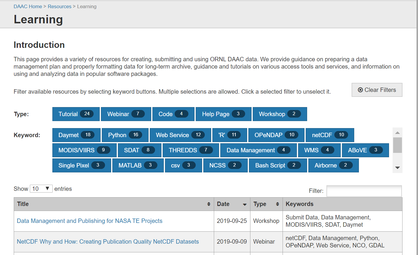 Screenshot of the Learning Resources page.