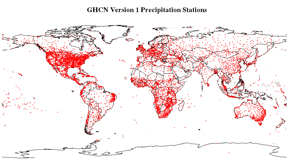 Locations of approximately 7500 precipitation stations around the world in GHCN Version 1.
