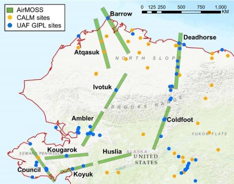 Map showing AirMOSS radar swaths at 10 locations in Northern Alaska. AirMOSS Radar Swaths