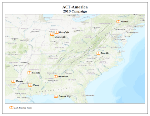 A map showing locations of ACT-America towers