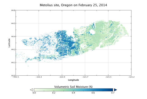 Modeled surface (0 - 10 cm) soil moisture at the Metolius site, Oregon, at midnight on Feb. 25, 2014.