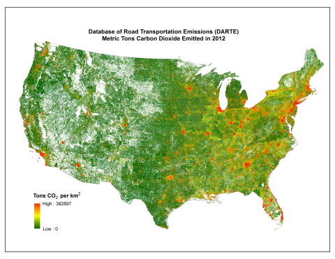 Map of DARTE 2012 on-road CO2 emissions for the conterminous United States