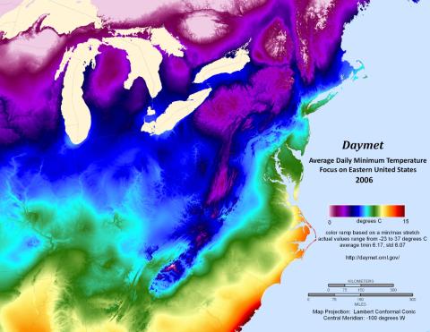 Daymet Average Daily Min Temp, Eastern US, 2006 Daymet Average Daily Min Temp, Eastern US, 2006