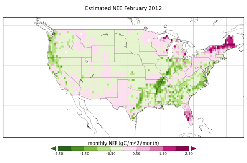 Estimated continental-scale Net Ecosystem Exchange (NEE) of CO2 in February 2012.