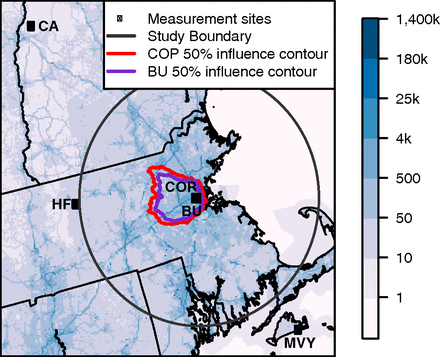 Average afternoon CO2 emissions for 2014 in the Boston network. Map of measurement stations in the Boston network and 2014 average afternoon CO2 emissions.