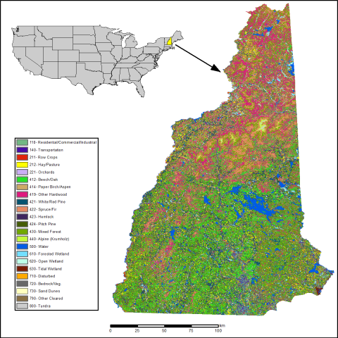  Land cover and land use classification for New Hampshire, 1996-2001, at 30-meter resolution. Legend includes all 23 class numbers and descriptions.