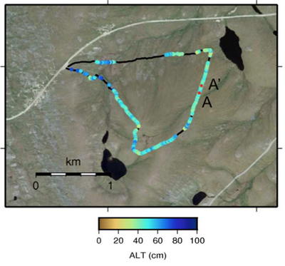 Active layer thickness derived from GPR data for the Basin Turnout route
