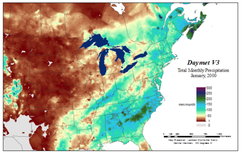 Daymet precipitation in January 2000