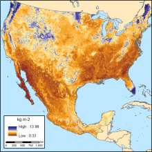 Map of soil organic carbon across the USA and Mexico.
