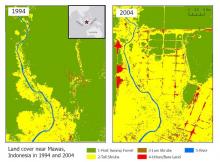 Land cover maps at 30 m resolution across Mawas, Central Kalimantan, Indonesia in 1994 (left) and 2004 (right).