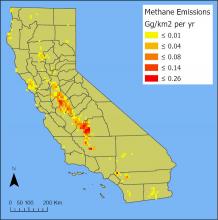 Total annual methane emissions in 2019 from dairy farms in California.