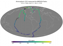 Collection locations of atmospheric carbon dioxide concentration from flasks collected by the Medusa system during ATom-4 flights in 2018.