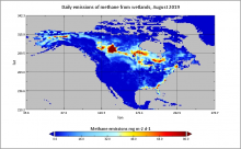 Estimated daily emissions of methane from wetlands in North American for August 2019.