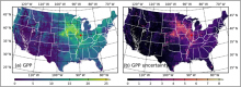 Spatial distribution of (a) GPP (gC m2/d) and (b) GPP uncertainty (gC m2/d) across the CONUS at 250-m resolution for 10 July 2020.