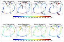 CAM-chem simulated concentrations of ozone (O3) and carbon monoxide (CO) along ATom flight tracks.