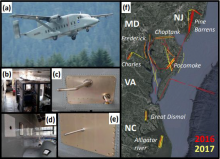 The CARAFE payload. (a) The NASA C-23 Sherpa. (b) A view inside the cabin with all instruments installed. (c) The angle-of-attack (upper) and total air temperature (lower) probes. (d) The DLH window plate (upper left) and fairing-mounted target (lower right). (e) GHG inlet. (f) Flux leg flight tracks for both campaigns.