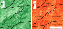 Percent cover of trees (left) and shrubs (right) in 2018 for the southern Appalachian mountains of Tennessee, Virginia, North Carolina, and South Carolina. Areas shown cover four tiles.