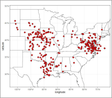Locations of ACT-America flights collecting MFLL carbon dioxide (CO2) measurements over eastern and central U.S. in 2016-2018.