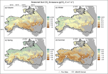 Seasonal average soil respiration emissions (gCO2 C m-2 d-1) for autumn (September-October), winter (November-March), spring (April-May), and summer (June-August ) at a 300 m spatial resolution.