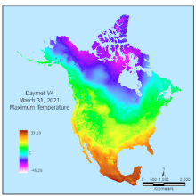 Maximum Temperature from Daymet Daily Monthly Latency March 2021