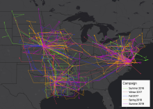 Flight paths for five airborne campaigns of ACT-America that provided receptor locations and CO2 measurements for these FLEXPART simulations. Flights were concentrated on three study areas: the northeast, south-central, and mid-west regions of the United States.