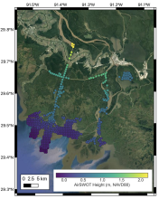  AirSWOT L3 water surface elevations collected on April 1, 2021 over the Atchafalaya Basin. Each point is colored based on its elevation with respect to the NAVD88 vertical datum (GEOID12B), as shown in the colorbar.