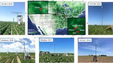 Six images grouped together, five images of FluoSpec2 field sites--two on the top row, three on the bottom--grouped around a US map with red triangles indicating the field site locations in Nebraska and Illinois. 