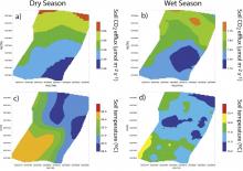 Spatial patterns of soil CO2 flux, soil temperature, soil water content, and leaf area index generated by ordinary kriging for the dry season (September) and the wet season (February).