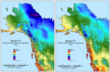 Daymet V3 average annual minimum temperature for 1980 and 2015 for a subset of the Daymet domain in Alaska and western Canada.