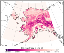 Gross ecosystem CO2 exchange (GEE) calculated using MODIS Enhanced Vegetation Index for 21:00 UTC, August 2, 2013. GEE typical of a mid-summer day.
