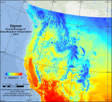 Average daily maximum temperature in 2015 from Daymet.