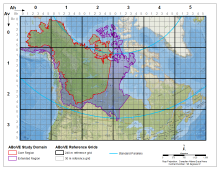 ABoVE spatial data products - the Study Domain with Core and Extended study regions displayed and the Standard Reference Grid showing the nested tiling scheme.