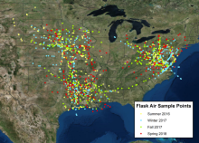 Map of ACT-America flask air sample points Flask air sample locations