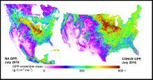 Map of North America and gross primary productivity. Gross Primary Productivity