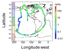 Flight tracks and black carbon mass-mixing ratio during the ATom-1 deployment. Image of ATom-1 deployment flight tracks and black carbon mass-mixing ratio.
