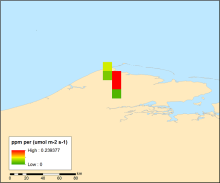 Plot of the footnearfield1 variable for 0.1 degree gridded STILT footprint model output for August 15,1982 near the receptor location at Barrow, Alaska. Plot of the footnearfield1 variable for 0.1 degree gridded STILT footprint model output for August 15,1982 near the receptor location at Barrow, Alaska.