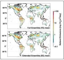 Global monthly 0.5-deg by 0.5-deg wetland methane emissions from (a) the full ensemble (2009-2010) and (b) extended ensemble (2001-2015). From Bloom et al. (2017).