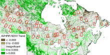 The Canadian boreal forest study area and the 46 sites used in the analysis The Canadian boreal forest study area and the 46 sites used in the analysis mapped on top of AVHRR NDVI trends from Beck and Goetz (2011)
