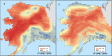 Map of annual average maximum temperature for Alaska. Annual Average Maximum Temperature for Alaska