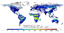 Annual carbon emissions (as g C/m2/year) averaged over 1997-2014. Annual carbon emissions (as g C/m2/year) averaged over 1997-2014.