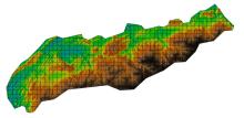 1.5-meter resolution digital elevation model for the study area. 1,500-meter by 1,500-meter LiDAR tiles represented by grid overlay.