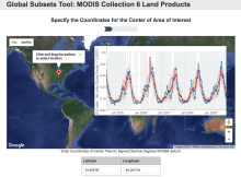 The MODIS global subsetting and visualization tool Users may request a subset for any land location on earth. The subsets are provided in GeoTiff and CSV file format. The tool also provides interactive data visualizations.