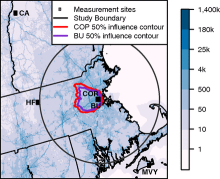 Map of measurement stations in the Boston network and 2014 average afternoon CO2 emissions.